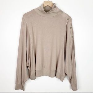 Peace Love World Light Brown Mock Neck Bat Wing Button Shoulder Sweater